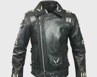 Giacca in pelle da uomo in vera pelle di vacchetta western con ossa e perline, nativo americano