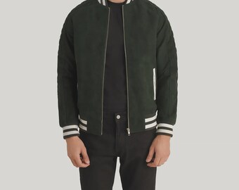 Giacca universitaria in pelle scamosciata verde Pascal