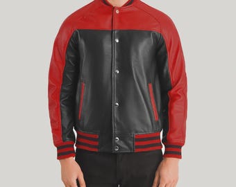 Giacca universitaria in pelle nera e rossa Terrance