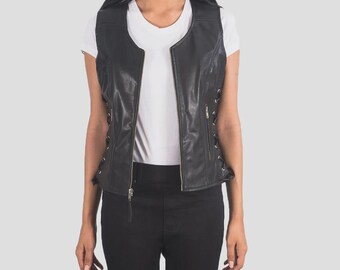 Gilet da motociclista in pelle nera Vanda