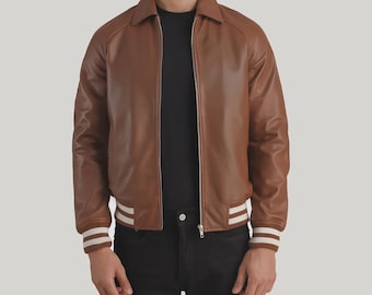 Giacca universitaria in pelle marrone Walton