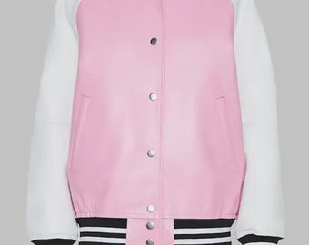 Giacca da college in pelle rosa e bianca da donna