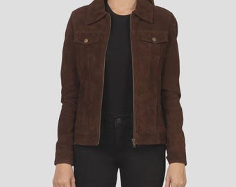 Giacca da camionista in pelle scamosciata Suzy Mocha