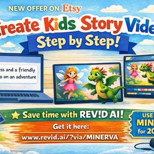 May include: An advertisement for creating children's story videos, with a laptop and tablets showing animated characters. Text includes "Create Kids Story Video Step by Step!" and "Save time with REVID AI!" A rocket and castle are also shown.