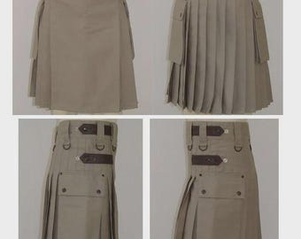 Utility kilt with hybrid leather straps made of khaki poly cotton fabric with belt