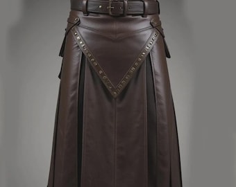 Falda escocesa de cuero marrón hecha a mano para hombre | Falda utilitaria de guerrero