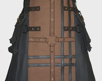 Męski kilt użytkowy Cross Gothic – czarno-brązowy bawełniany, ręcznie robiony, kilt cargo z kieszeniami