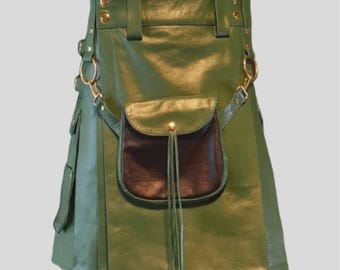 Scottish Handmade Traditional Leather Kilt | 100% green kilt with US pockets