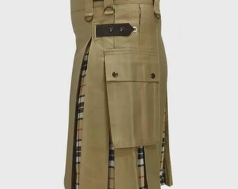 Men's Kilt Traditional Scottish Khaki Cotton Utility Handmade Cargo Pocket Kilt