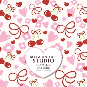 May include: A seamless pattern featuring red cherries, red bows, pink hearts, and light pink flowers on a white background. A central white heart-shaped label displays the text BELLA AND BEE STUDIO SEAMLESS PATTERN JPEG 300dpi.