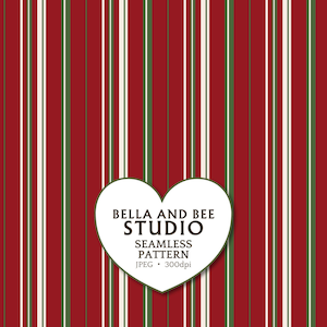 May include: A seamless pattern featuring vertical stripes in alternating widths and colors of deep red, forest green, and off-white. A white heart-shaped label in the center displays the text BELLA AND BEE STUDIO SEAMLESS PATTERN JPEG 300dpi.