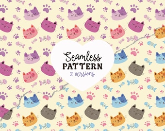 Padrão sem costura de gatos coloridos, papel digital com estampa divertida de gatos, estampa de gatos para tecido imprimível, padrão infantil para download digital.