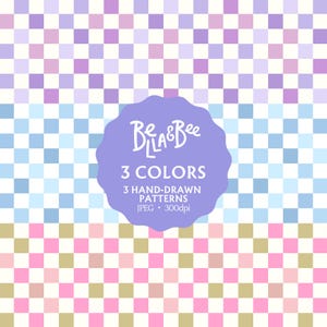 Peut inclure: Un graphique numérique présentant un motif en damier répétitif en trois sections de couleurs distinctes : violet et blanc, bleu clair et blanc, et rose et doré. Un badge festonné violet central affiche le texte Bella & Bee 3 COLORS 3 HAND-DRAWN PATTERNS JPEG 300dpi.