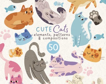 May include: A digital collection of 50 hand-drawn cat illustrations, including various feline poses, cat faces, paw prints, and fish skeletons. The text reads CUTE Cats elements, patterns & compositions 50 hand-drawn PNGs in blue and black.