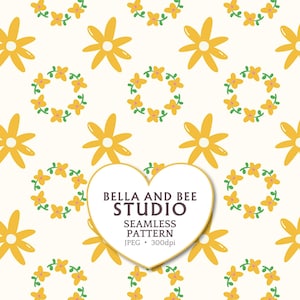 May include: A seamless pattern featuring yellow flowers and green leafy wreaths on a cream background. A central heart-shaped label displays the text BELLA AND BEE STUDIO SEAMLESS PATTERN JPEG 300dpi in dark brown lettering.