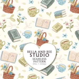 May include: A seamless pattern featuring illustrations of brown woven baskets filled with flowers, stacks of books, open books, and tea cups in shades of blue, green, and yellow on a cream background. A heart-shaped overlay displays the text BELLA AND BEE STUDIO SEAMLESS PATTERN JPEG 300dpi.