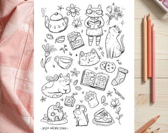 May include: A black and white digital illustration sheet featuring various hand-drawn doodles including cats, a teapot, books, flowers, a slice of pie, and a chocolate bar. The text "BELLA AND BEE STUDIO" is printed at the bottom of the page.