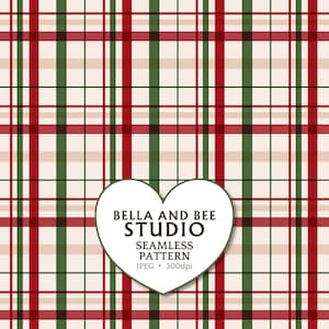 May include: A seamless plaid pattern featuring intersecting vertical and horizontal lines in shades of red, dark green, and beige. A white heart-shaped overlay in the centre displays the text BELLA AND BEE STUDIO SEAMLESS PATTERN JPEG 300dpi.