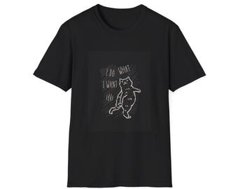 May include: Black t-shirt featuring a whimsical illustration of a cat with the text "I DO WHAT I WANT". The cat is drawn in a playful style, with a simple outline and a few details.