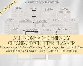 May include: A digital planner with various cleaning and decluttering templates. The planner includes sections for daily, weekly, and monthly chores, as well as goal setting and reflection. Text on the image reads "ALL IN ONE ADHD FRIENDLY CLEANING/DECLUTTER PLANNER."