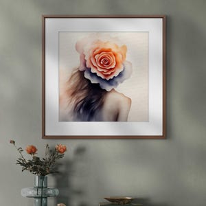 Surreal Floral Portrait Art Print – Digital Download | Woman with Rose Head | Modern Abstract Wall Art | 1x1 2x3 4x5 Ratios