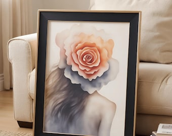 Surreal Rose Head Wall Art | Feminine Abstract Portrait Print | Digital Download JPEG & PDF
