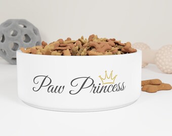 Paw Princess Pet Bowl: White & Gold Crown Dish, 16oz