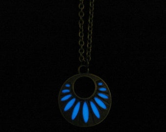 Blue Carved Round Glow In The Dark Necklace Antique Bronze