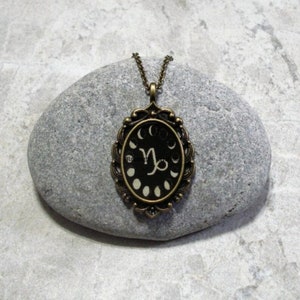 Moon Phase Capricorn Necklace Pendant Antique Bronze