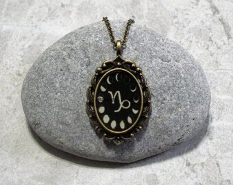 Moon Phase Capricorn Necklace Pendant Antique Bronze