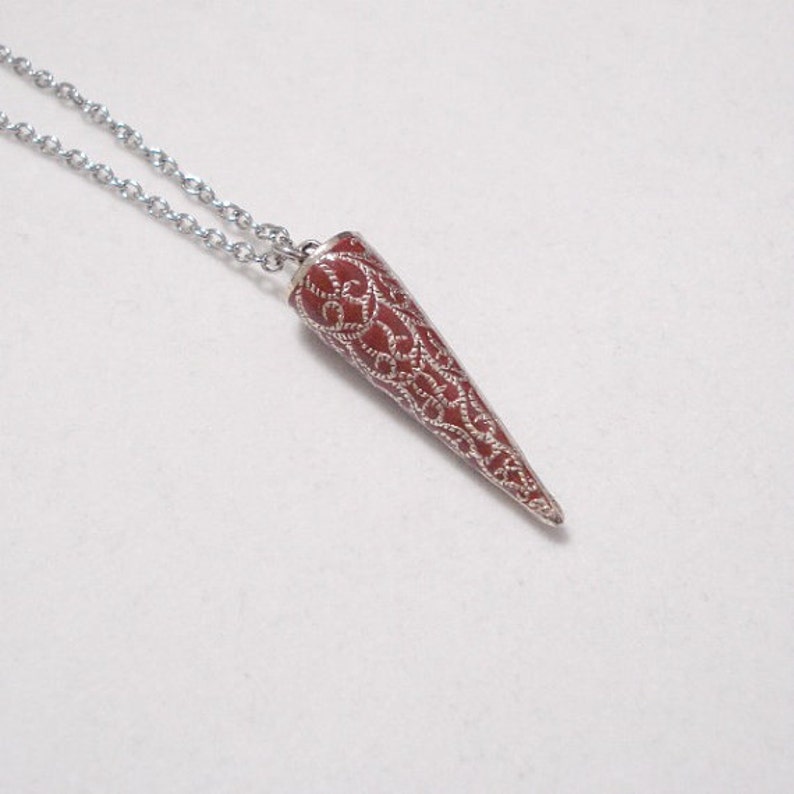 Red Pendulum Necklace Antique Silver image 3