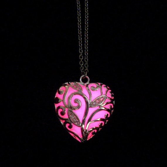 Pink Glowing Heart Necklace Glow in the Dark Jewelry Pendant 