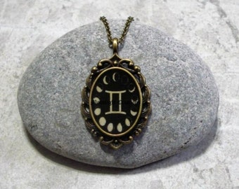 Moon Phases Gemini Necklace Pendant Antique Bronze