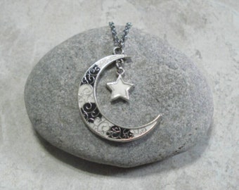 Black & White Crescent Moon And Star Necklace Antique Silver