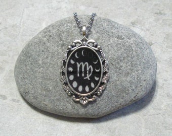 Moon Phase Virgo Necklace Pendant Antique Silver