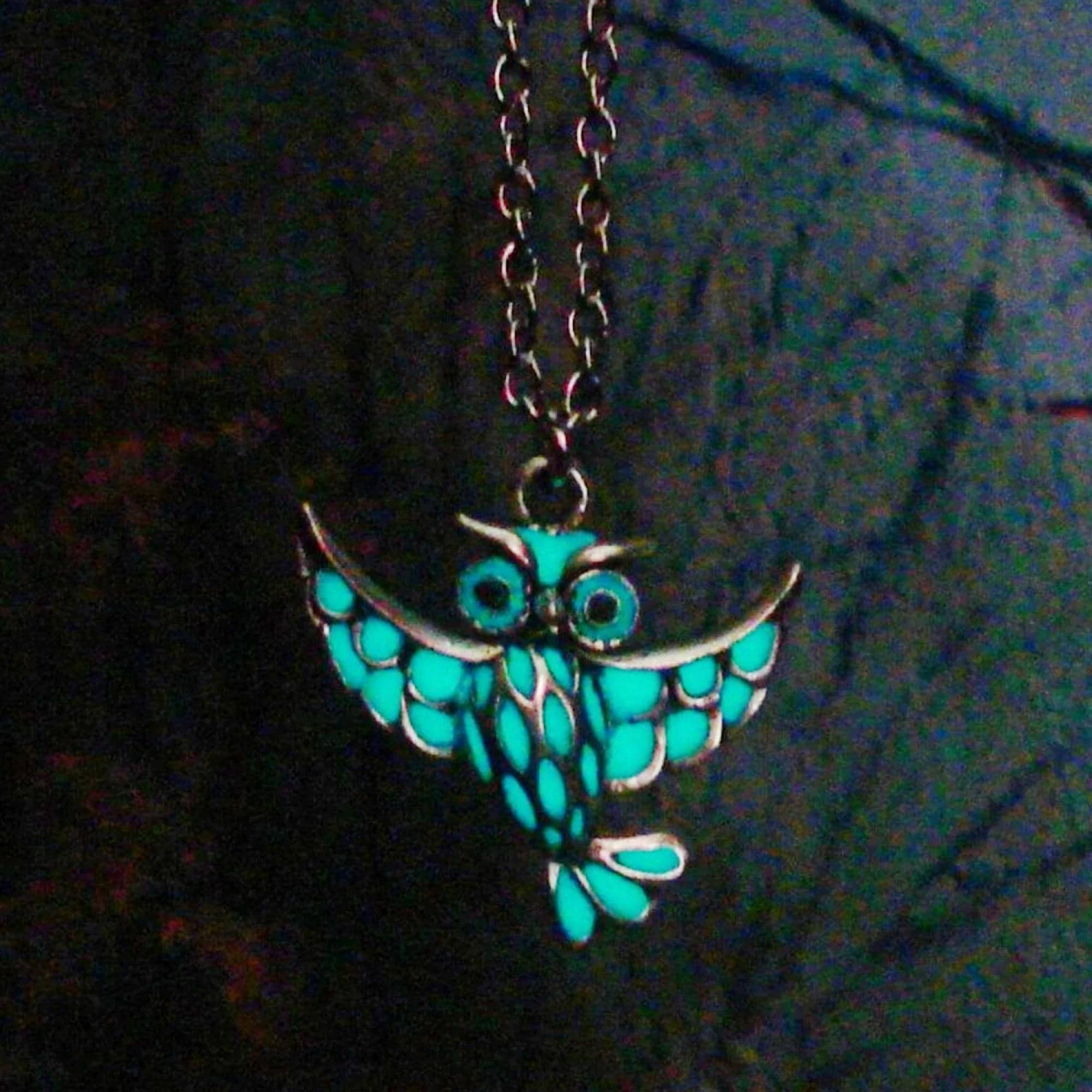 Owl Necklace Glow In The Dark Antique Silver - Glows Aqua