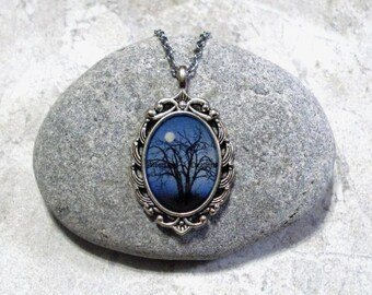Moonlight Night Full Moon Necklace Antique Silver