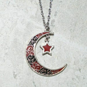 Black & Red Crescent Moon Star Necklace Pendant Antique Silver