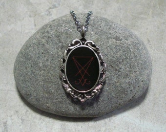 Lucifer Sigil Necklace Antique Silver Black And Red