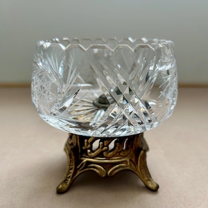 Vintage Small Ornate Crystal and Bronze Pedestal Bowl