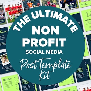 May include: A teal and white graphic promoting a "Non Profit Social Media Post Template Kit." The design includes various social media post templates with baseball and softball imagery, and text such as "Every Dollar Counts" and "Be Part of the Story."