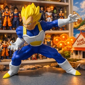 May include: A blue and white action figure of Vegeta from Dragon Ball Z in a dynamic pose. The figure has yellow spiky hair, white gloves, and boots with yellow tips. The background includes other figurines and a miniature of Kame House.