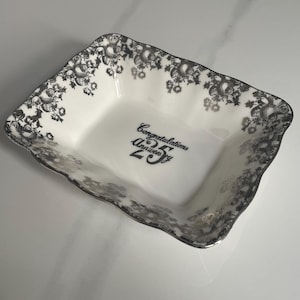 Royal Albert 25th Anniversary Dish – Vintage Bone China England Rectangular Tray, Silver Floral