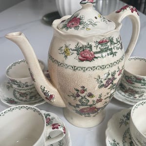 Vintage Crown Ducal Chinese Garden Tea Set – Made in England – Floral Transferware Teapot & Cups, English Bone China, Antique Tea Party Set