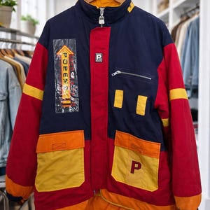 Vintage Y2K Popeye Colorblock Jacket (Size L) – Retro Cartoon Streetwear