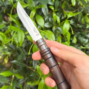 May include: A stainless steel folding knife with a wooden handle. The blade is open, revealing the sharp edge. The handle is dark brown with black rings. The knife is held against a backdrop of green leaves.
