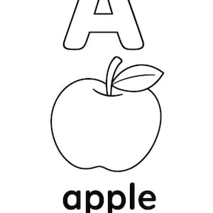 May include: Black and white illustration of an apple with a leaf and the word "apple" below it. The letter "A" is above the apple. This image is suitable for educational purposes.