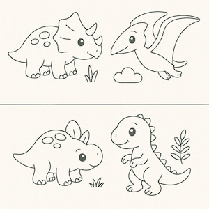 Pu&ograve; includere: Illustrazione in bianco e nero di quattro dinosauri dei cartoni animati: un triceratopo, uno pterosauro, uno stegosauro e un T-Rex. I dinosauri sono disegnati su uno sfondo color crema, con semplici dettagli come erba e una nuvola.