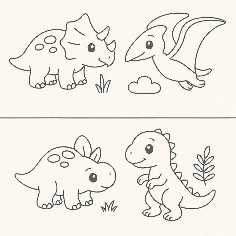 Pu&ograve; includere: Illustrazione in bianco e nero di quattro dinosauri dei cartoni animati: un triceratopo, uno pterosauro, uno stegosauro e un T-Rex. I dinosauri sono disegnati su uno sfondo color crema, con semplici dettagli come erba e una nuvola.