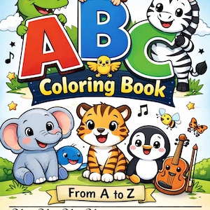 Può includere: Copertina di un libro da colorare per bambini con animali dei cartoni animati e l'alfabeto. La copertina mostra le lettere A, B e C, con un coccodrillo, una scimmia e una zebra. Altri animali includono un elefante, una tigre, un pinguino e un violino.